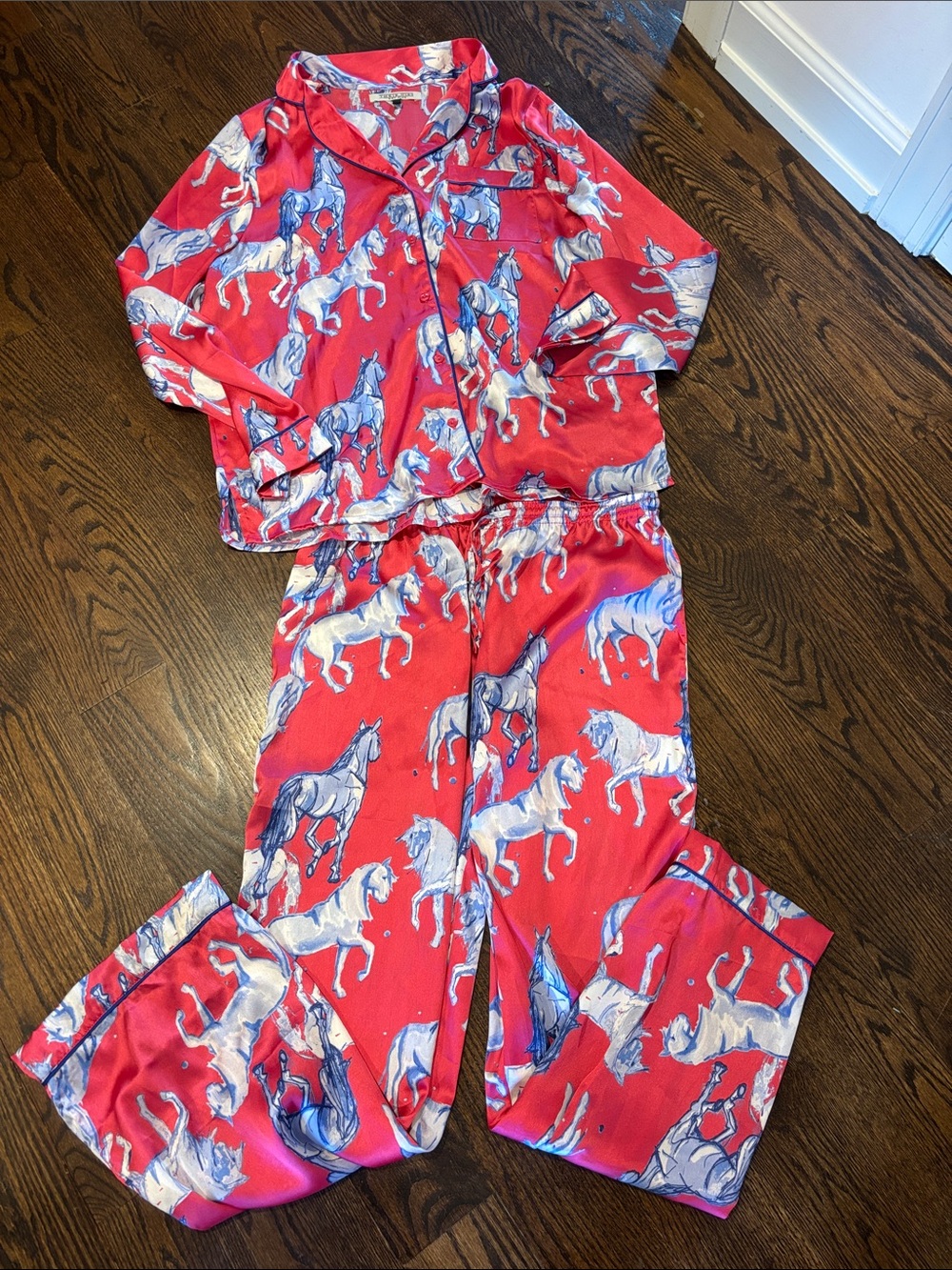 Pink & Blue Horse Print Satin Pajama Set